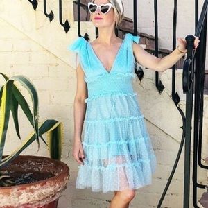 Mesh dot flirty blue dress with bows